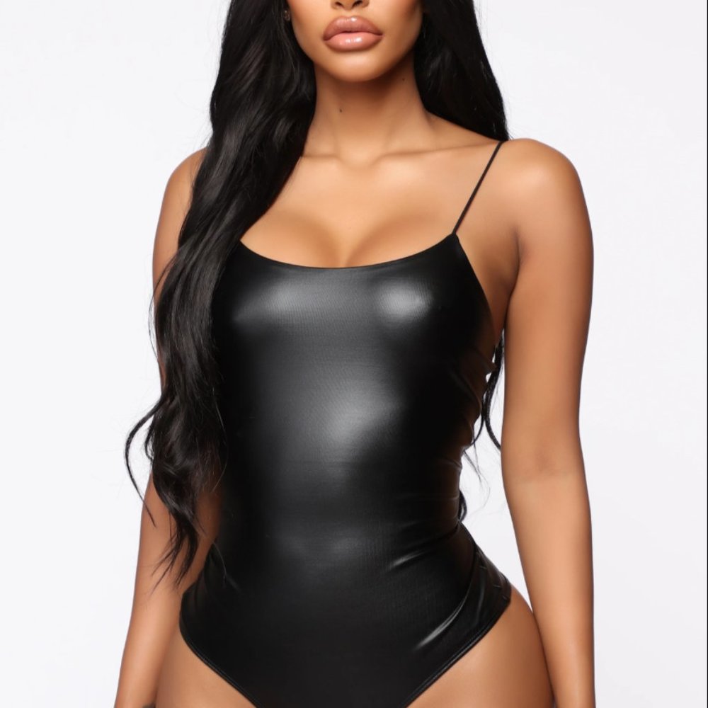 FASHION NOVA FAUX LEATHER THOMG BODYSUIT.